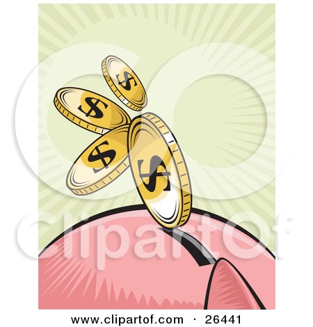Clipart Illustration of a Line Of Golden Coins Rushing Towards The Slot In A Pink Piggy Bank by David Rey