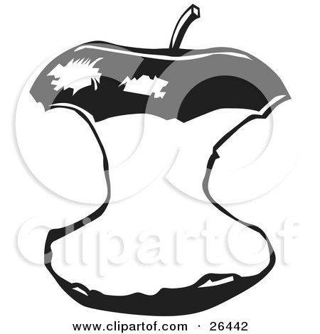 Clipart Illustration of an Apple Core With A Stem On The Top, Black And White by David Rey
