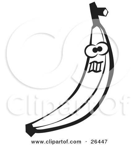 Clipart Illustration of a Banana Character Making A Funny Face, Black and White by David Rey