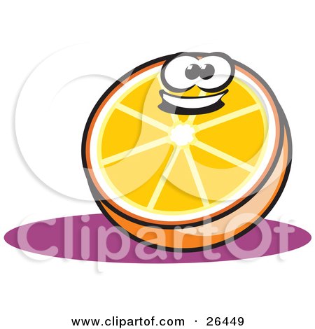 Clipart Illustration of a Happy Halved Orange Character Resting On A Purple Counter by David Rey