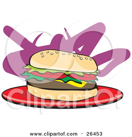 Clipart Illustration of a Juicy Cheeseburger With Lettuce And Tomatoes Resting On A Red Plate by David Rey