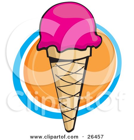 Clipart Illustration of a Waffle Ice Cream Cone Topped With A Scoop Of Pink Strawberry Or Cherry Ice Cream by David Rey