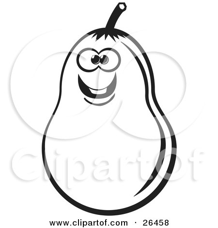 Clipart Illustration of a Smiling Pear Character In Black And White by David Rey