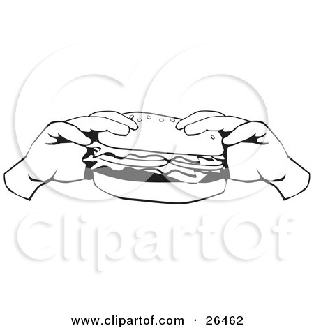 Clipart Illustration of a Pair Of Hands Holding A Fast Food Cheeseburger Or Hamburger, Black And White by David Rey
