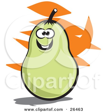 Clipart Illustration of a Smiling Green Pear Character With An Orange And White Background by David Rey