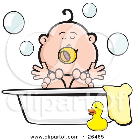 Clipart Illustration of a Happy Baby Playing In Bubbles In A Tub With A Towel And Rubber Ducky At The Side by David Rey