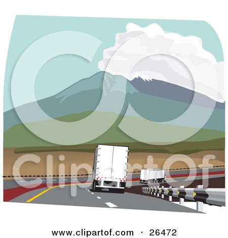 Clipart Illustration of a Big Rig Truck Driving In The Slow Lane Behind Other Trucks Through The Mountain Pass On The Highway by David Rey
