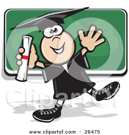 Clipart Illustration of a Happy Graduate Boy In A Cap And Gown, Dancing With His Diploma In Front Of A Chalk Board by David Rey