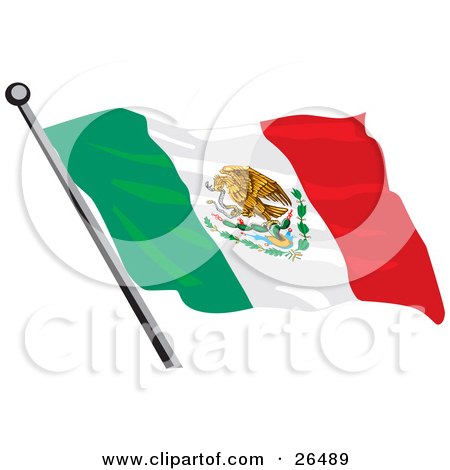 Clipart Illustration of a Mexican Flag With The Golden Eagle, Cactus And Snake Coat Of Arms by David Rey