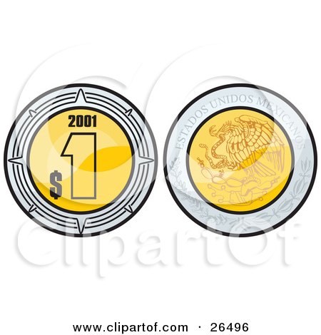 Clipart Illustration of The Front And Back Side Of A Golden Mexican Peso Showing The Currency On One Side And The Coat Of Arms On The Other by David Rey