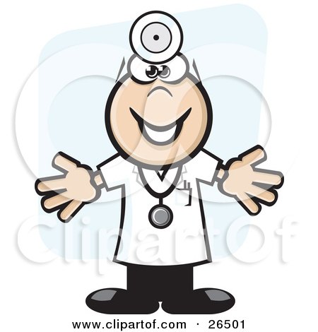 Clipart Illustration of a Friendly Male Doctor Wearing A Head Lamp, Stethoscope And Lab Coat, Holding His Arms Out by David Rey