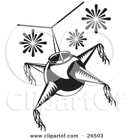 Clipart Illustration of a Mexican Pinata Hanging From A Ceiling At A Birthday Or Holiday Party, Black And White by David Rey