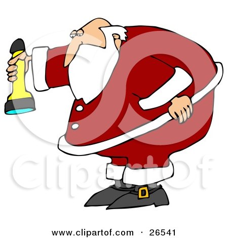 Clipart Illustration of Santa Claus Bending Over Slightly And Shining A Flashlight Downwards by djart