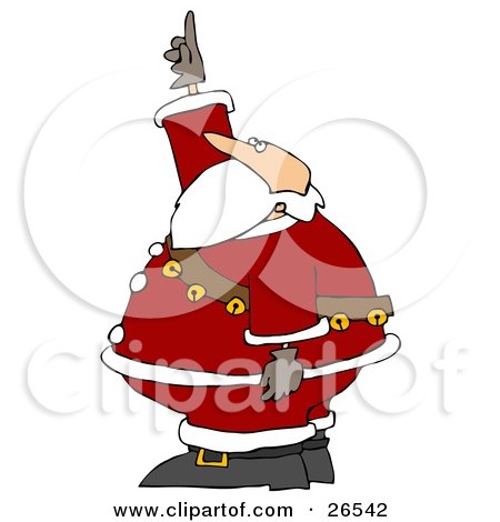 Clipart Illustration of Santa In His Suit And A Sash Of Bells, Pointing And Looking Upwards by djart