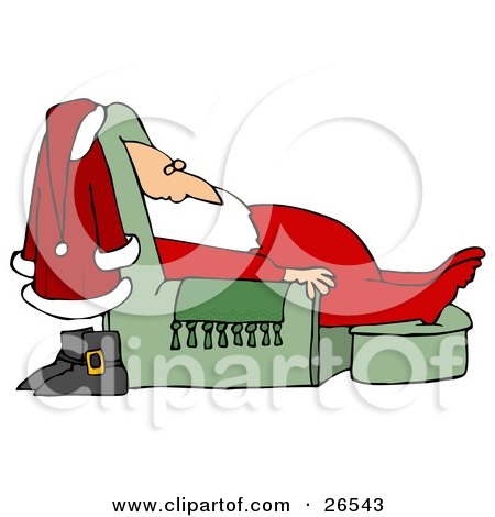 Clipart Illustration of Santa Claus In His Pjs, Dozing In A Green Lazy Chair With His Boots And Suit Behind Him by djart
