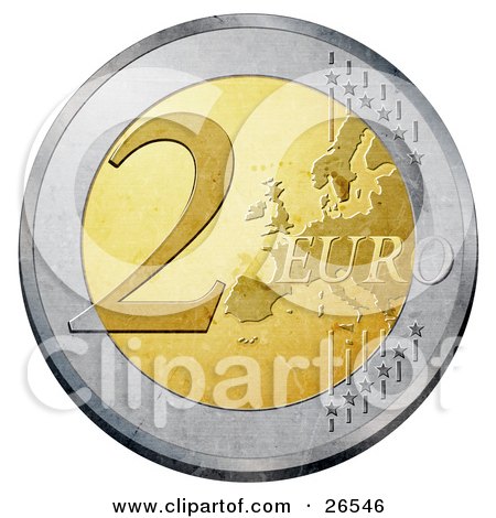 Clipart Illustration of a Gold And Silver 2 Euro Coin With A Partial Map And Stars by beboy