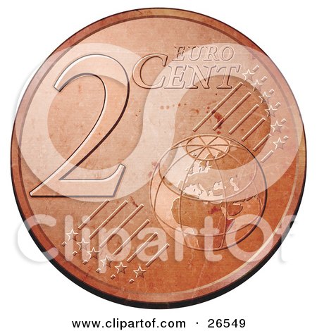 Clipart Illustration of a Bronze 2 Cent Euro Coin With A Globe And Stars by beboy