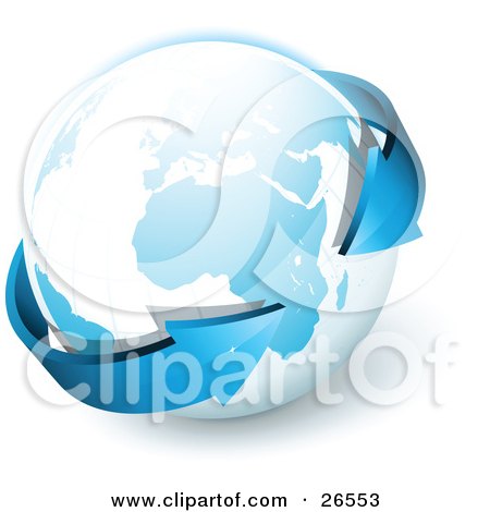 Clipart Illustration of a Blue Double Ended Arrow Circling Around Planet Earth by beboy