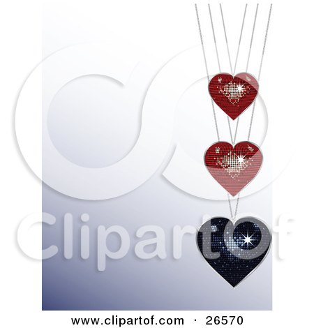 Clipart Illustration of a Sparkling Blue Disco Heart Pendant On A Necklace, Suspended Under Two Red Hearts Over A Gradient Background by elaineitalia