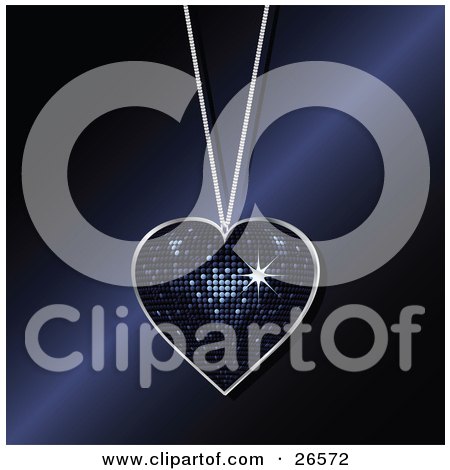 Clipart Illustration of a Sparkling Dark Blue Disco Heart Necklace Suspended Over A Blue Reflective Surface by elaineitalia