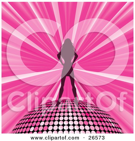 Clipart Illustration of a Silhouetted Woman, A Disco Queen, Standing On Top Of A Pink Disco Ball Over A Bursting Pink Background by elaineitalia