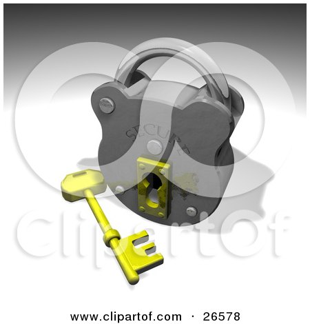 Clipart Illustration of a Golden Skeleton Key Resting In Front Of A Silver Security Padlock by AtStockIllustration