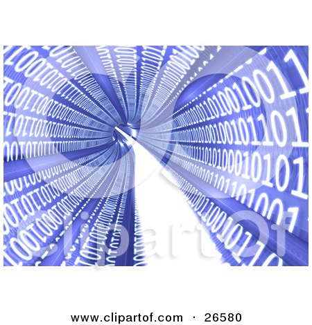 Clipart Illustration of a Blue Tunnel With White Binary Coding Racing Along The Walls And A Blur Of White Light by AtStockIllustration