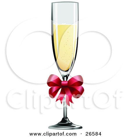 Clipart Illustration of a Tall Glass Champagne Flute With Bubbly Liquor And A Red Bow by AtStockIllustration