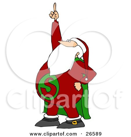 Clipart Illustration of Super Santa Wearing A Red Suit With A Green Cape, Pointing Upwards by djart