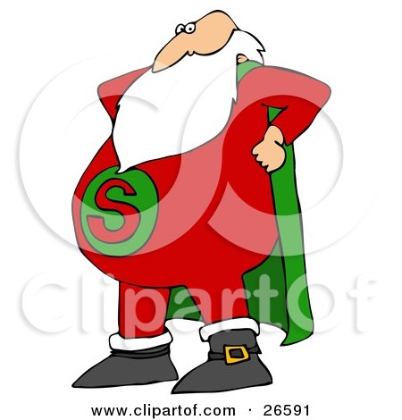 Clipart Illustration of Super Santa Wearing A Red Suit With A Green Cape, Standing With His Hands On His Hips by djart