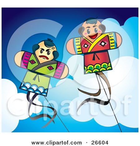 Clipart Illustration of a Couple Of Fighting Japanese Kites Flying Above The Clouds In A Blue Sky by NoahsKnight