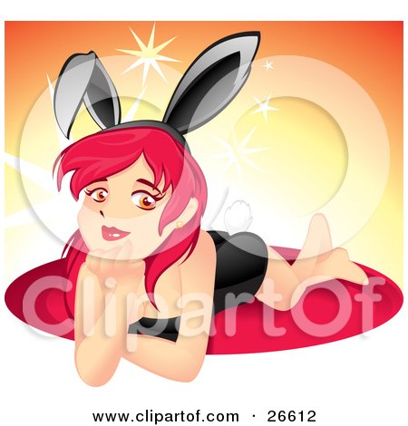 Clipart Illustration of a Sexy Young Red Haired Woman In A Little Black Dress, Lying On A Rug And Wearing Bunny Ears by NoahsKnight