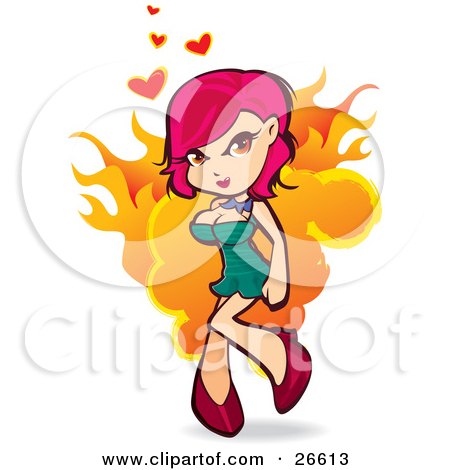Clipart Illustration of a Sexy Pink Haired Caucasian Woman In A Tight Green Dress And High Heels, Flaming With Hearts by NoahsKnight