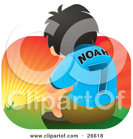 Clipart Illustration of a Lonely Young Soccer Player Boy Sitting In The Field And Watching The Sun Rise by NoahsKnight