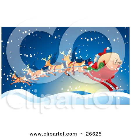 Clipart Illustration of Santa And His Toy Sack In His Sleigh, Being Transported By Magical Reindeer On A Snowy Night by NoahsKnight