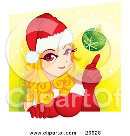 Clipart Illustration of a Sexy Blond Woman In Red Gloves, A Dress And A Santa Hat, Poingint To A Green Christmas Bauble by NoahsKnight