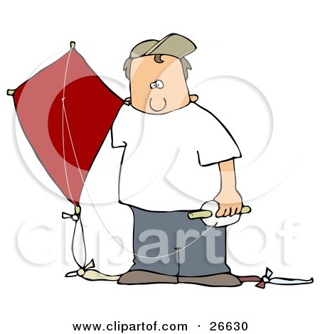 Clipart Illustration of a White Boy In A Hat And Casual Clothes, Standing Outdoors With A Red Kite On A Windy Day by djart