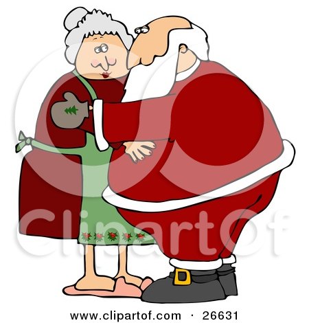 Clipart Illustration of Santa and Mrs Claus Embracing Each Other in a Hug by djart