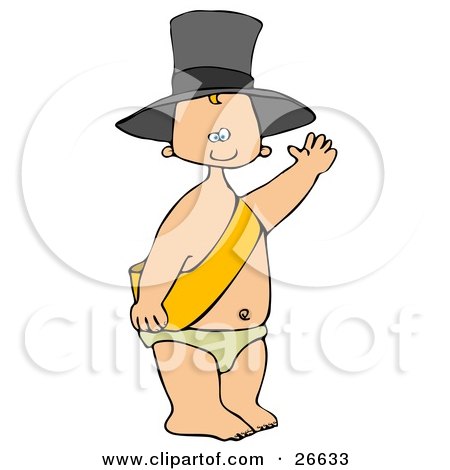 Clipart Illustration of a Happy White New Year's Baby Wearing A Sash, Diaper And A Hat And Waving by djart