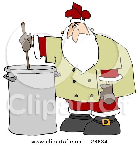 Clipart Illustration of Santa Claus In A Chef's Jacket And His Christmas Uniform, Stirring A Pot Of Stew by djart