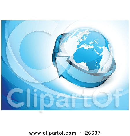 Clipart Illustration of a Blue Arrow Circling Around Planet Earth Over A Blue And White Background by beboy