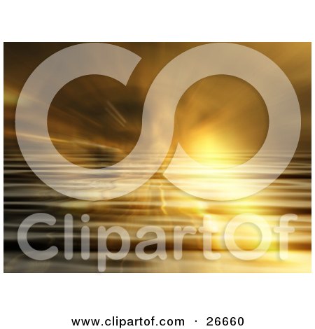 Clipart Illustration of a Bright Burst Of Light Over Rippled Water With Fog Effects by KJ Pargeter