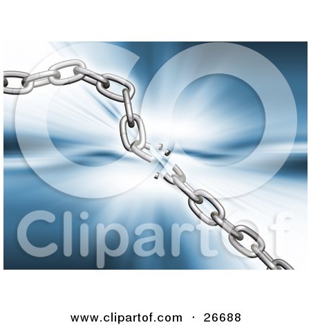 Clipart Illustration of a Silver Chain Snapping Under Pressure Over A Bursting Blue Background by KJ Pargeter