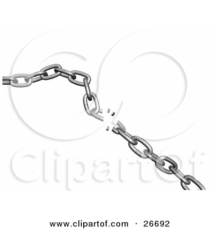 Clipart Illustration of The Weakest Link Of A Silver Chain Snapping Under Pressure, On A White Background by KJ Pargeter