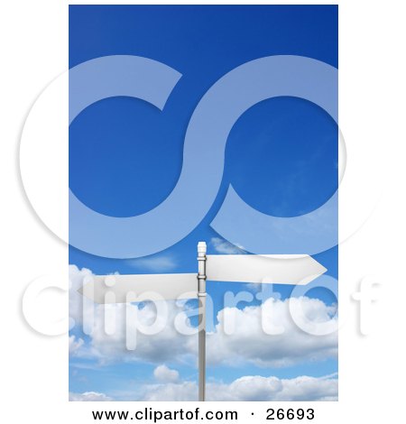 Clipart Illustration of Two Blank Arrow Street Signs On A Post, Over A Cloudy Blue Sky Background by KJ Pargeter