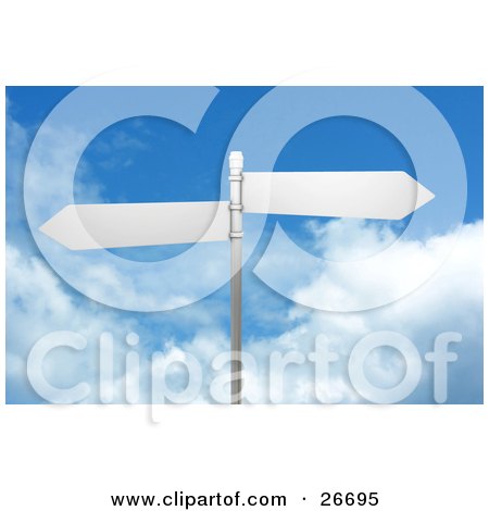 Clipart Illustration of Two Blank Street Signs On A Post, Over A Cloudy Blue Sky Background by KJ Pargeter