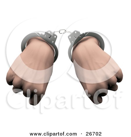 Clipart Illustration of a Pair Of Hands Cuffed In Silver Handcuffs, Over A White Background by KJ Pargeter
