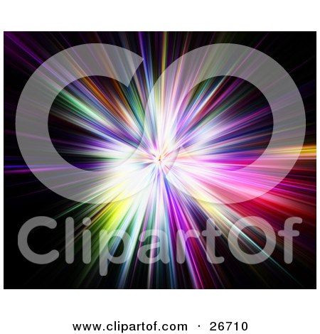Clipart Illustration of a Bright Burst Of Rainbow Colored Light Rays, Over Black by KJ Pargeter