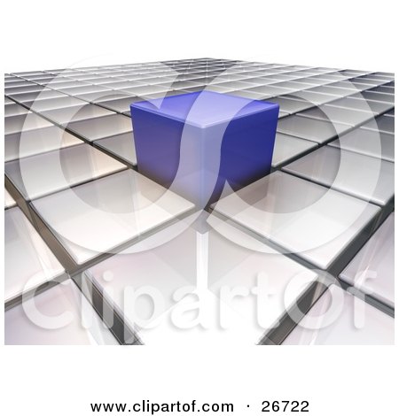 Clipart Illustration of a Blue Cube Sticking Out From A Level Surface Of White Cubes, Symbolizing Individuality by KJ Pargeter