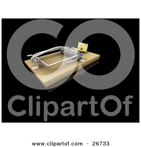 Clipart Illustration of a Slice Of Cheese On A Wooden Mouse Trap, Symbolizing A Trick, On A Black Background by KJ Pargeter